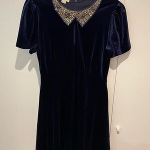 Monsoon Navy Velvet Dress with Embellished Collar